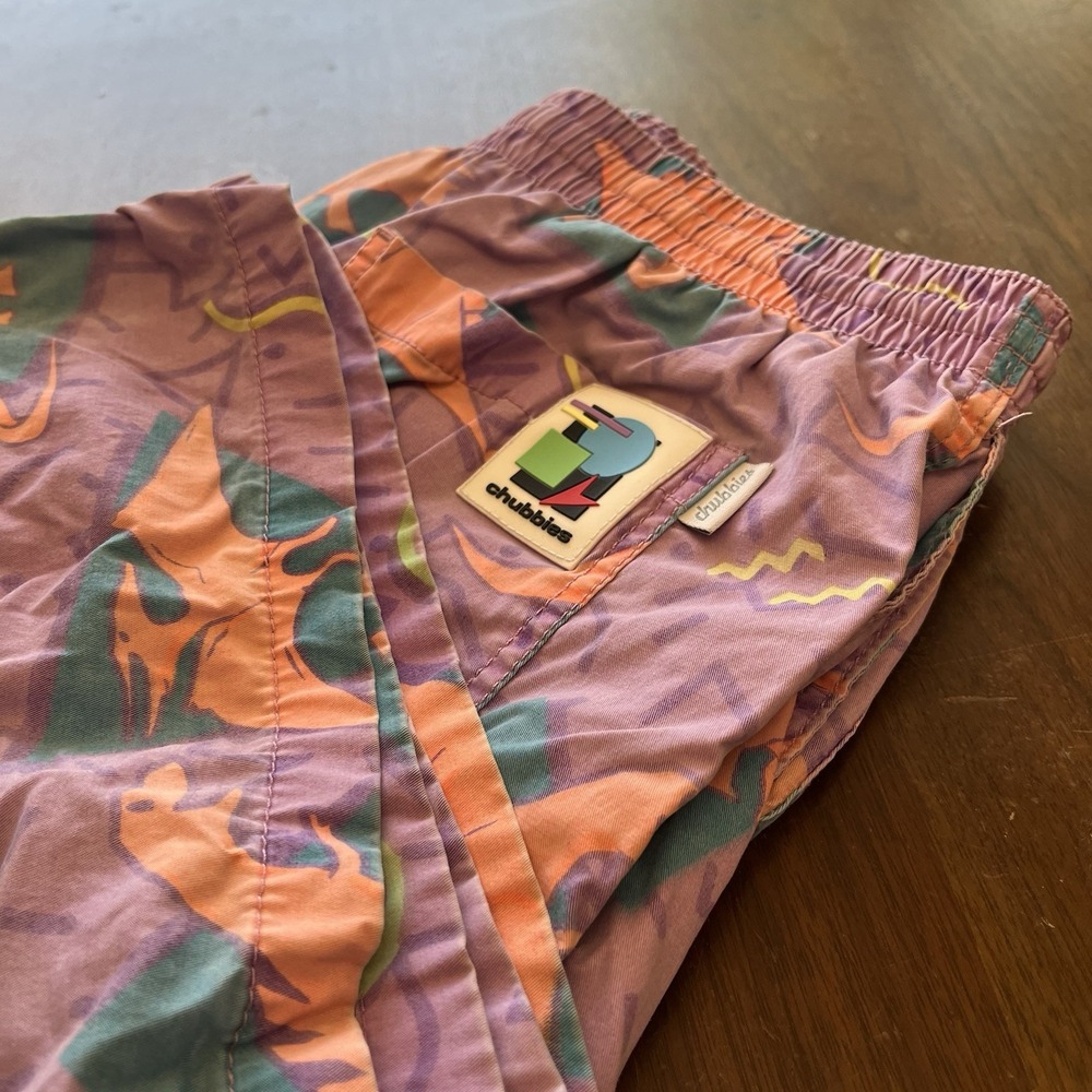 Chubbies Swim Trunks Purple Surfing Dinosaurs 5" Lined Pockets Drawstring LARGE